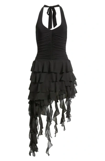 EMERALD SUNDAE EMERALD SUNDAE ITY ASYMMETRIC TIERED RUFFLE HALTER MINIDRESS
