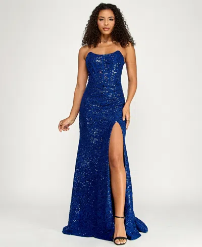 Emerald Sundae Junior's Floral Sequin Lace-up Corset Gown In Blue