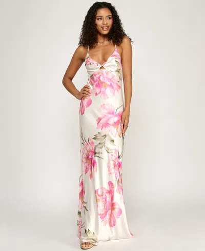 Emerald Sundae Junior's Printed V-neck Gown In Multi