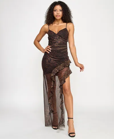 Emerald Sundae Juniors' Animal-print Ruffled Maxi Dress