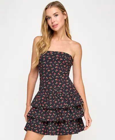 Emerald Sundae Juniors' Cherry-print Tiered Dress In Black Red