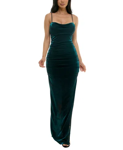 Emerald Sundae Juniors' Cowlneck Ruched Metallic-knit Gown In Black,te