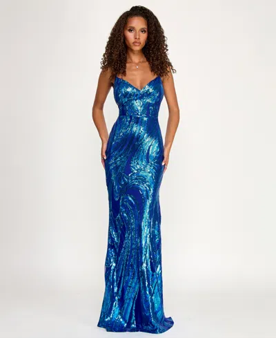 Emerald Sundae Juniors' Deep V-neck Lace-up Back Gown In Blue