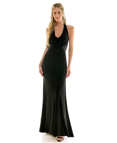 Emerald Sundae Juniors' Draped Neck Halter Maxi Dress In Black
