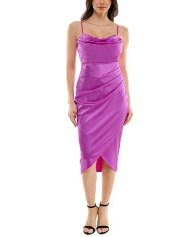 Emerald Sundae Juniors' Draped Sleeveless Satin Bodycon Dress In Grape