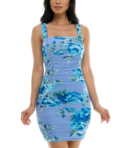 Emerald Sundae Juniors' Floral Ruched Mesh Tank Dress In Blue Multi