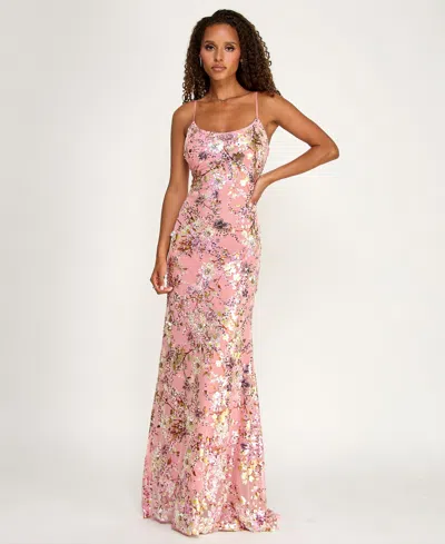 Emerald Sundae Juniors' Floral Sequin Scoop Neck Gown In Multi