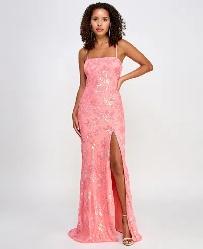 Emerald Sundae Juniors' Floral-sequined Gown In Coral Peach