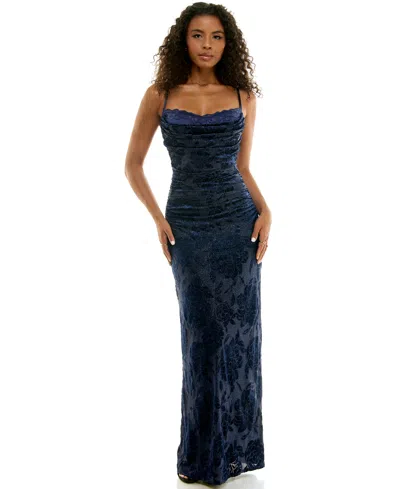 Emerald Sundae Juniors' Glitter Burnout Velvet Floral Dress In Blue