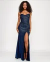 Emerald Sundae Juniors' Glitter Draped Front Gown In Blue