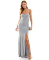 Emerald Sundae Juniors' Glitter Draped Front Gown In Silver