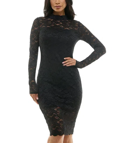 Emerald Sundae Juniors' Glitter Lace Long-sleeve Bodycon Dress In Black