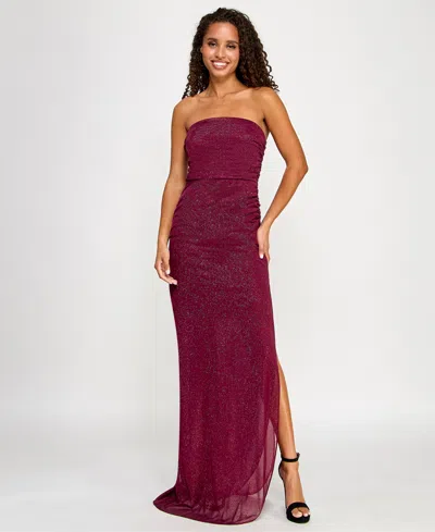 Emerald Sundae Juniors' Glitter Mesh Asymmetric Strapless Gown, Created For Macy's In Burgundy
