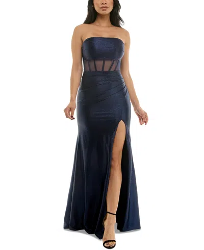 Emerald Sundae Juniors' Glittered Satin Corset Gown In Navy