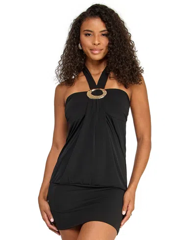 Emerald Sundae Juniors' Halter Mini Dress In Black