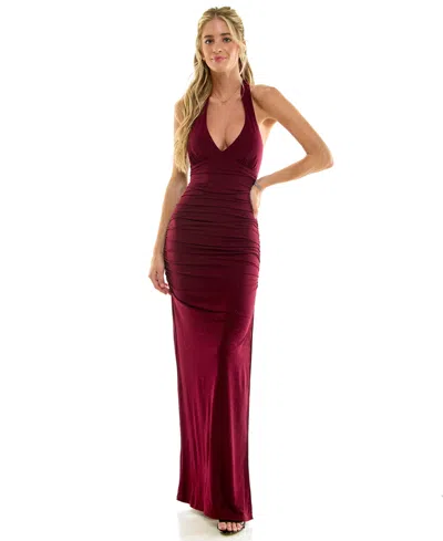 Emerald Sundae Juniors' Halter Ruched Glitter Gown In Wine