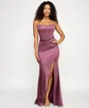 Emerald Sundae Juniors' Iris Sateen Corset-bodice Slit Gown In Pink
