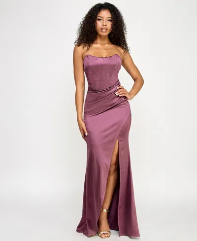 Emerald Sundae Juniors' Iris Sateen Corset-bodice Slit Gown In Pink