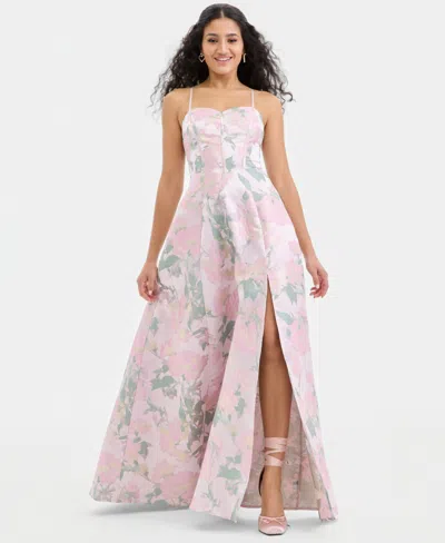 Emerald Sundae Juniors' Jacquard Lace-up-back Gown In Pink