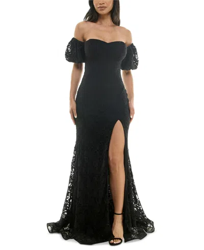 Emerald Sundae Juniors' Lace Off-the-shoulder Gown In Black