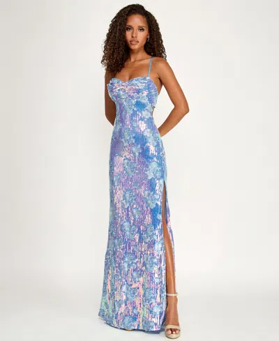 Emerald Sundae Juniors' Low Back Long Sequin Gown In Multi