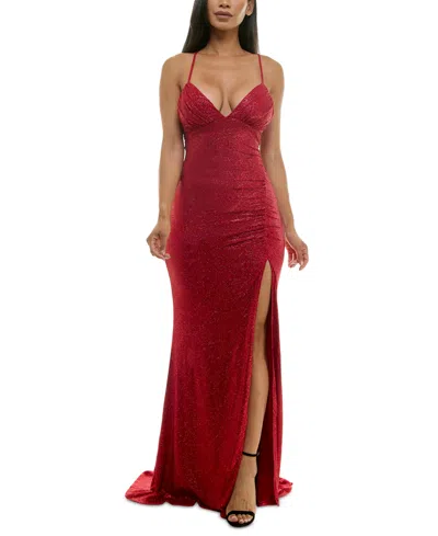 Emerald Sundae Juniors' Metallic-threaded High-slit Gown In Red