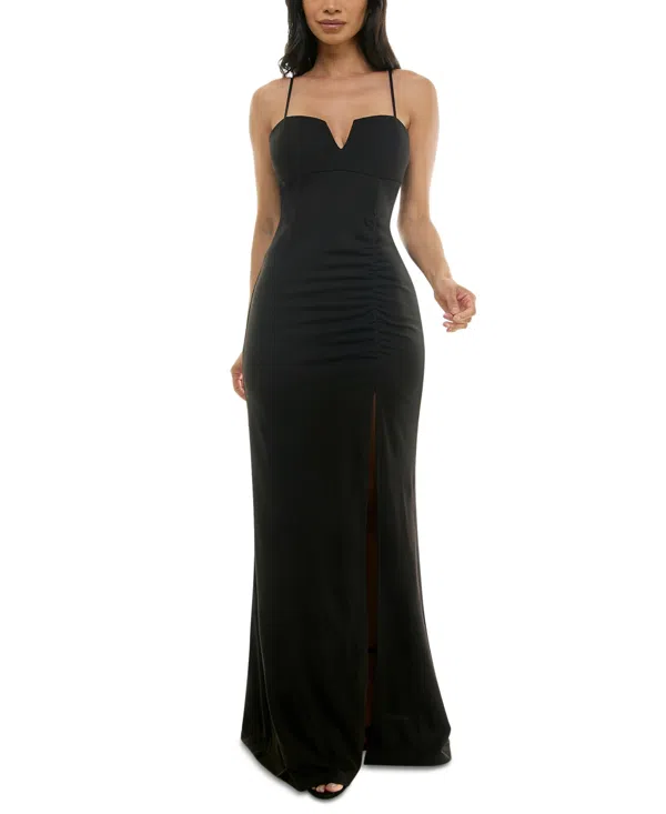 Emerald Sundae Juniors Womens Slit V-neck Evening Dress In Black | ModeSens