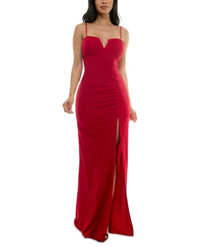 Emerald Sundae Juniors' Notch-neck Slit-front Gown In Red