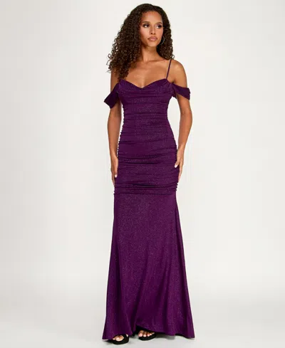 Emerald Sundae Juniors' Off-the-shoulder Glitter Mermaid Ball Gown In Purple