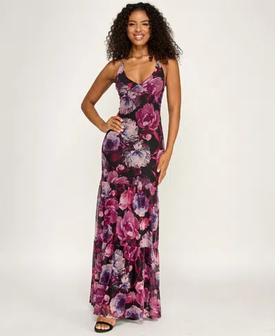 Emerald Sundae Juniors' Printed Mesh Halter Dress In Multi