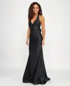 Emerald Sundae Juniors' Ruched Sleeveless Halter Gown In Black