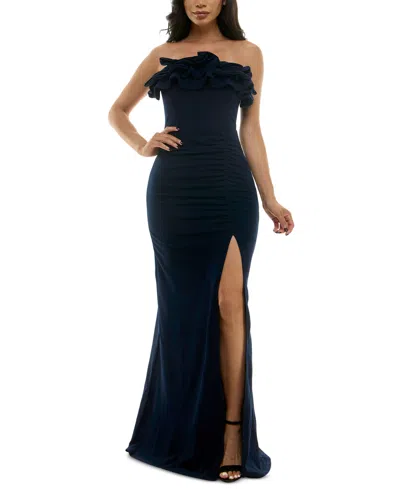 Emerald Sundae Juniors' Ruffle-neck Strapless Ruched Gown In Navy