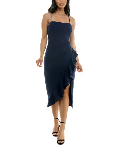 Emerald Sundae Juniors' Ruffled Side-slit Midi Dress In Navy
