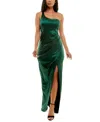 Emerald Sundae Juniors' Satin One-shoulder Gown In Hunter