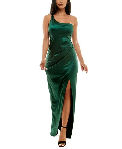 Emerald Sundae Juniors' Satin One-shoulder Gown In Hunter