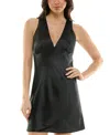 Emerald Sundae Juniors' Satin V-neck Cowl-back Dress In Black