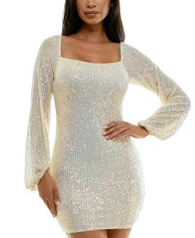 Emerald Sundae Juniors' Sequin Blouson-sleeve Bodycon Dress In Cream,m