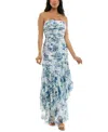 Emerald Sundae Juniors' Sequin Embellished Floral Print Ruffled Strapless Gown, Created For Macy's In Ivory,blue