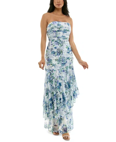 Emerald Sundae Juniors' Sequin Embellished Floral Print Ruffled Strapless Gown, Created For Macy's In Ivory,blue