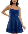 Emerald Sundae Juniors' Sequined Lace Fit & Flare Dress In Royal