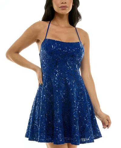 Emerald Sundae Juniors' Sequined Lace Fit & Flare Dress In Royal