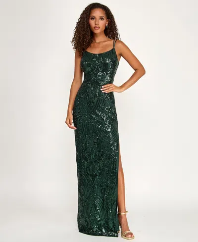 Emerald Sundae Juniors' Sequined Side-slit Gown, Created For Macy's In Green