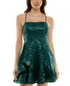 Emerald Sundae Juniors' Sequined Square-neck Dress In Hunter