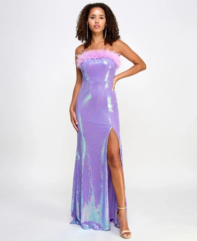 Emerald Sundae Juniors' Sequined Strapless Feather-trim Gown In Lilac