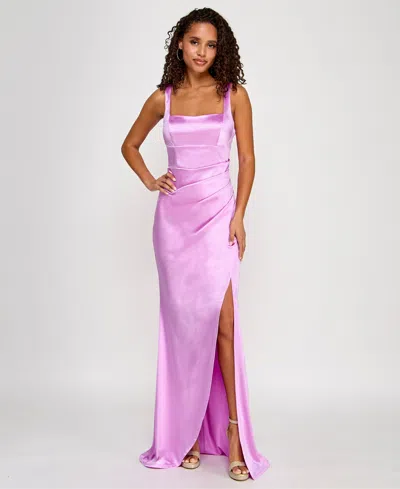 Emerald Sundae Juniors' Square-neck Sleeveless Satin Gown