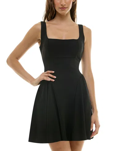 Emerald Sundae Juniors' Straight-neck Scuba-crepe Fit & Flare Dress In Black