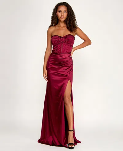 Emerald Sundae Juniors' Strapless Crisscross Corset Gown In Burgundy