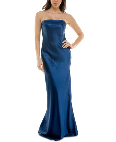 Emerald Sundae Juniors' Strapless Drape-back Satin Gown, Created For Macy's In Navy