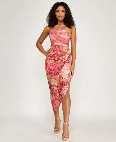 Emerald Sundae Juniors' Strapless Printed Mesh Midi Dress In Multi