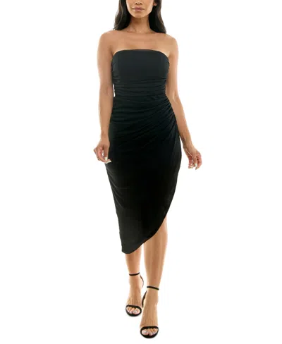 Emerald Sundae Juniors' Strapless Ruched Mesh Bodycon Midi Dress In Black